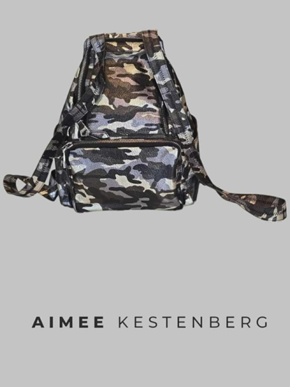 Aimee Kestenberg Becca Pebbeled Leather Metallic Camoflauge Backpack Womens
